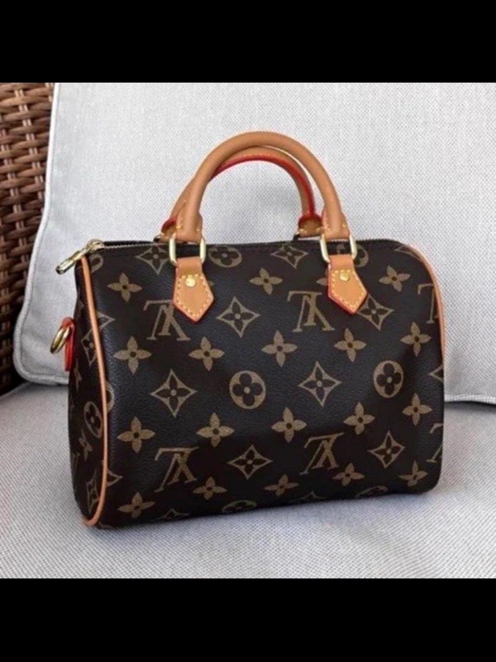 Brown Monogram Satchel Handbag with Tan Trim